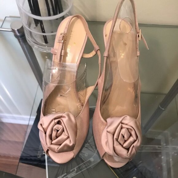 KATE SPADE Slingback Suede Rose Gold Satin Metalic Heels Sandals Bow Neutral 7.5 - Picture 5 of 11